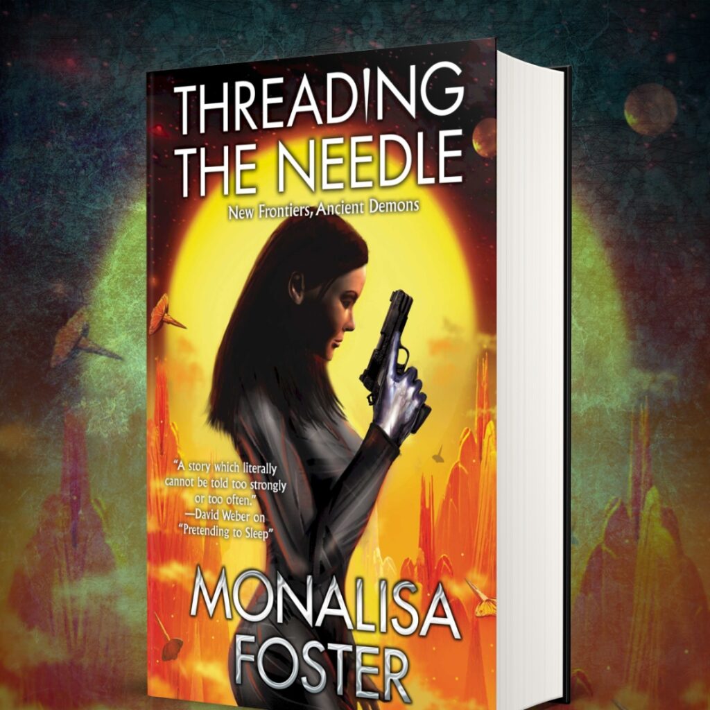 Promotional image with book cover for Threading the Needle